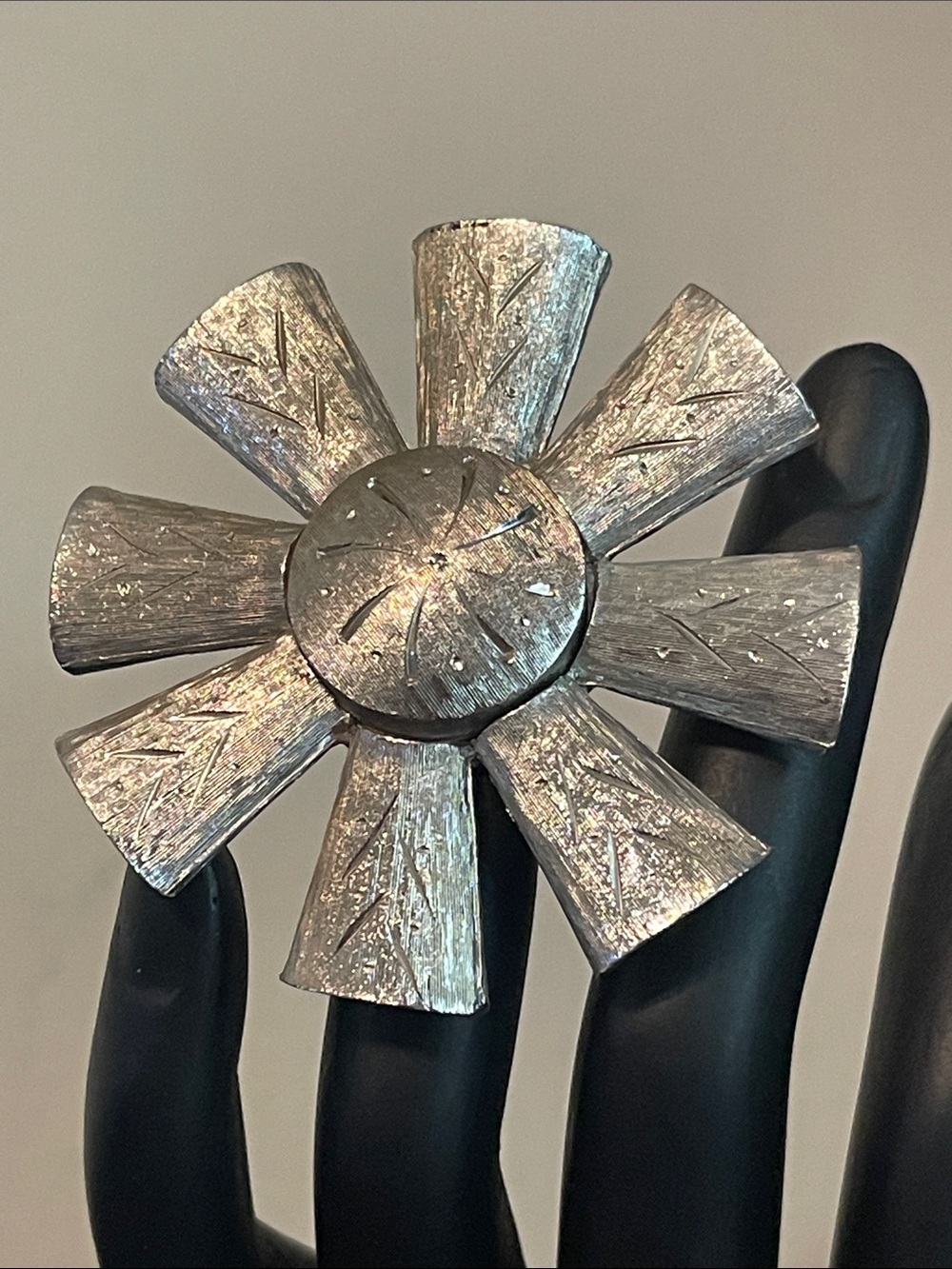 Vintage Kramer Etched Brushed Silver-Tone Flower Brooch